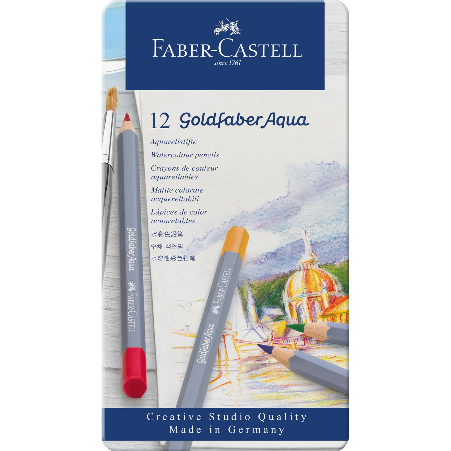 Akvarellpenna Faber-Castell Art Grip, vattenlöslig, 12 st metallask