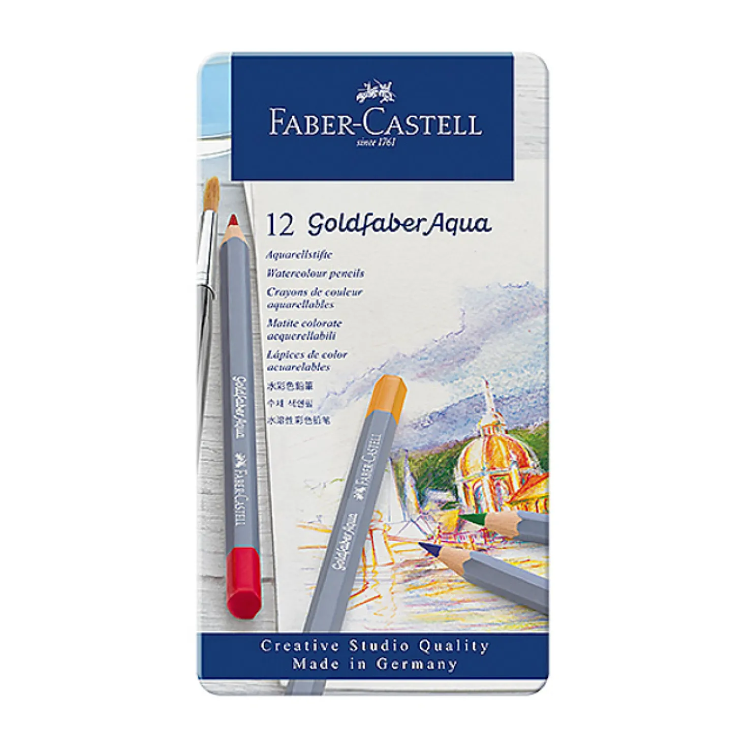 Akvarellpenna Faber-Castell Art Grip, vattenlöslig, 12 st metallask