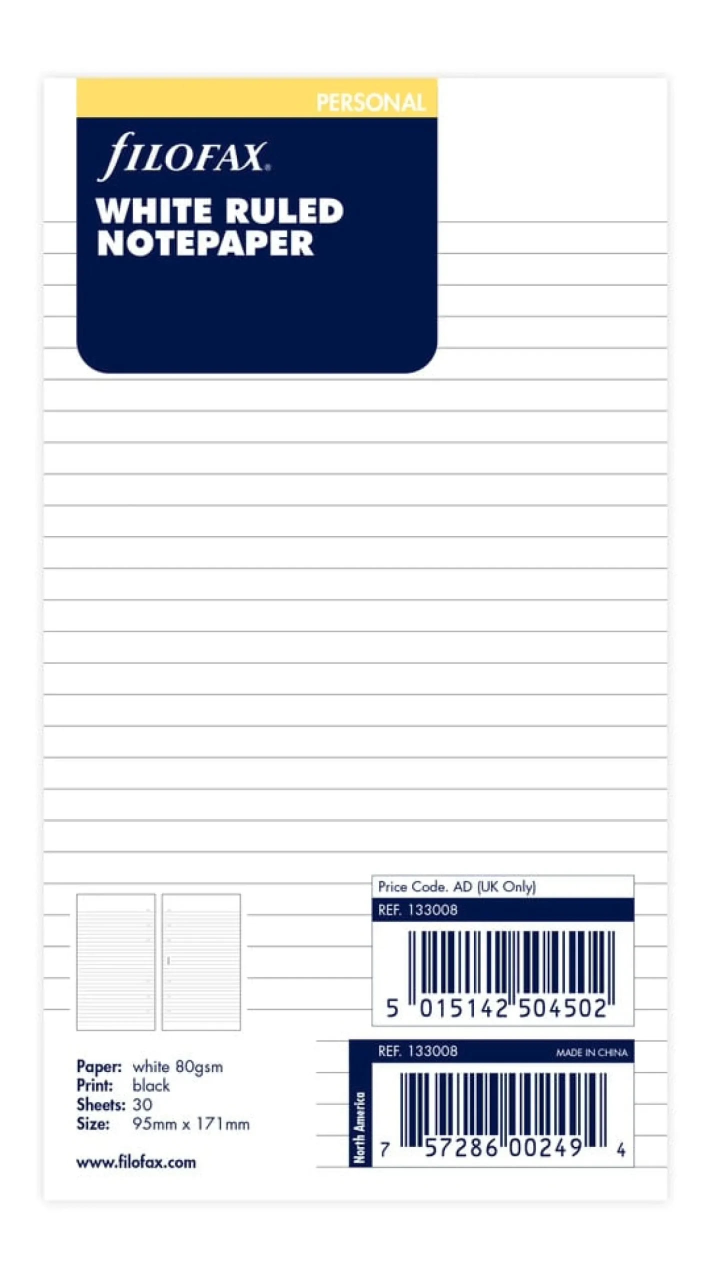 Anteckningsblad Filofax Personal Refill, linjerade, vita, antibakteriella