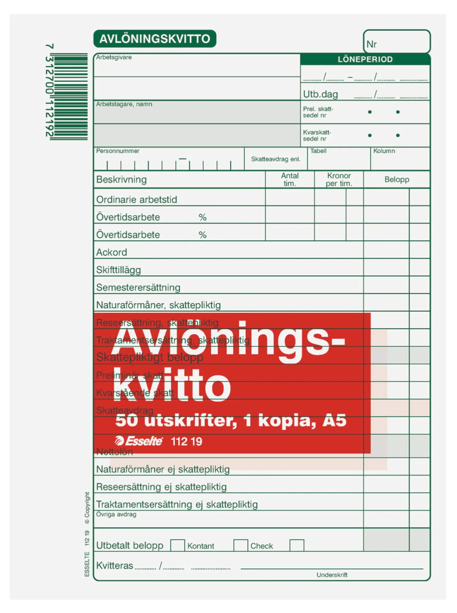 Blankett Avlöningskvitto Burde A5, självkopierande, 2x50 blad