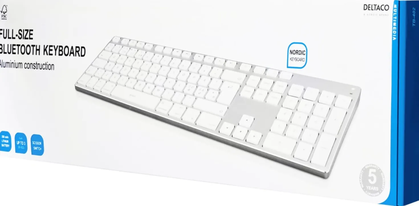 Bluetooth-tangentbord Deltaco TB-402 för Mac, nordisk, aluminium, fullstort