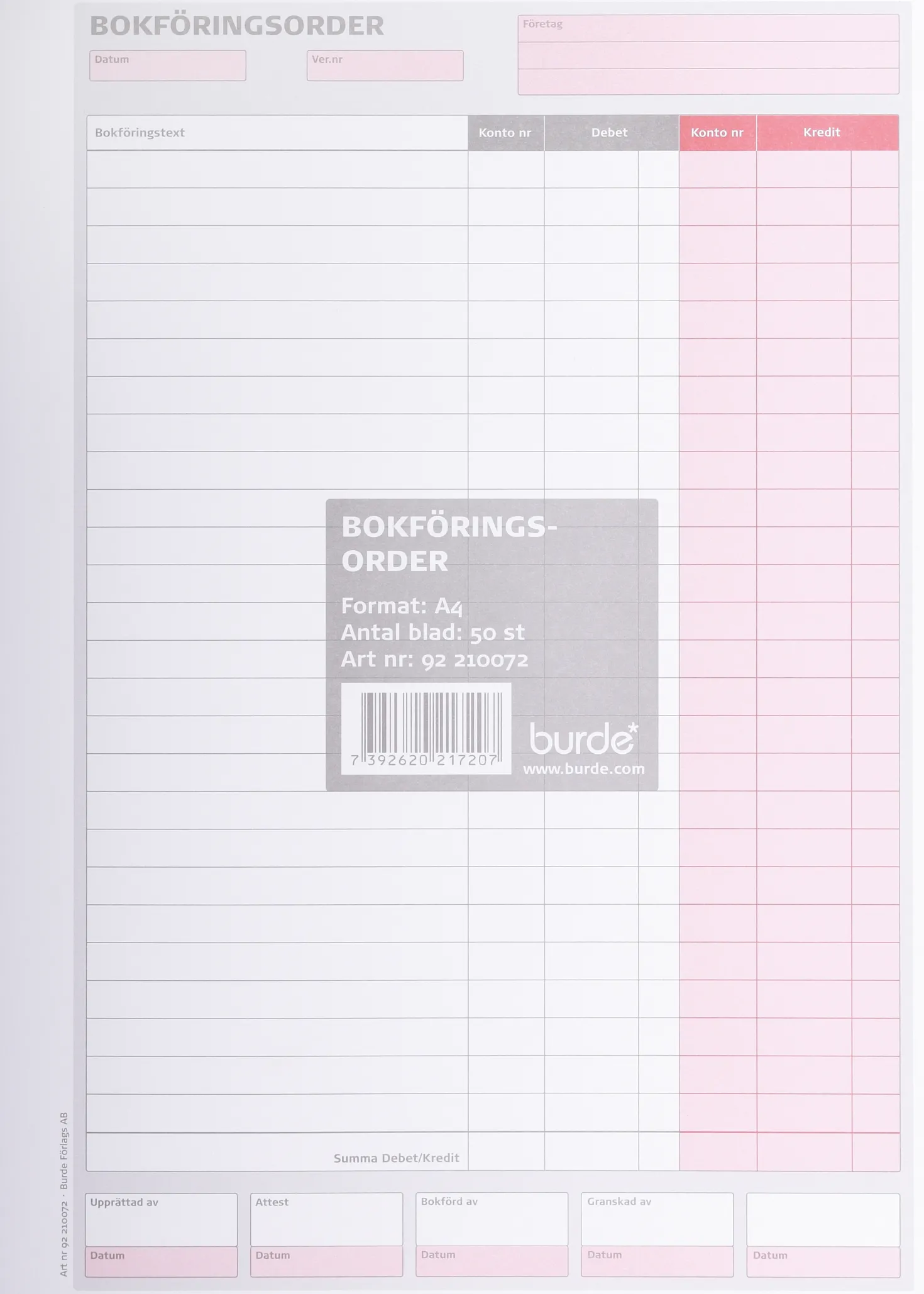 Bokföringsorder Burde A4, 50 blad, 10 block