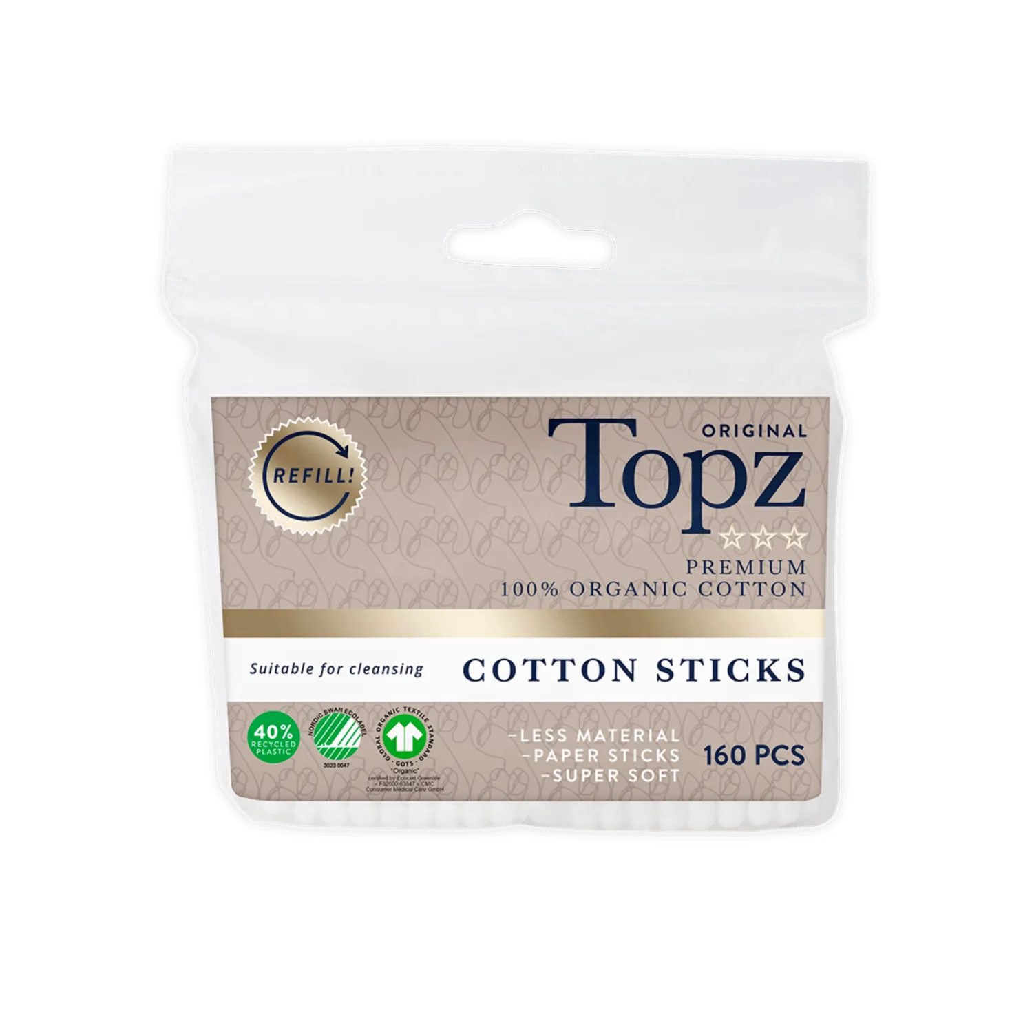 Bomullspinnar Topz Premium Refill, ekologisk bomull, 160 st