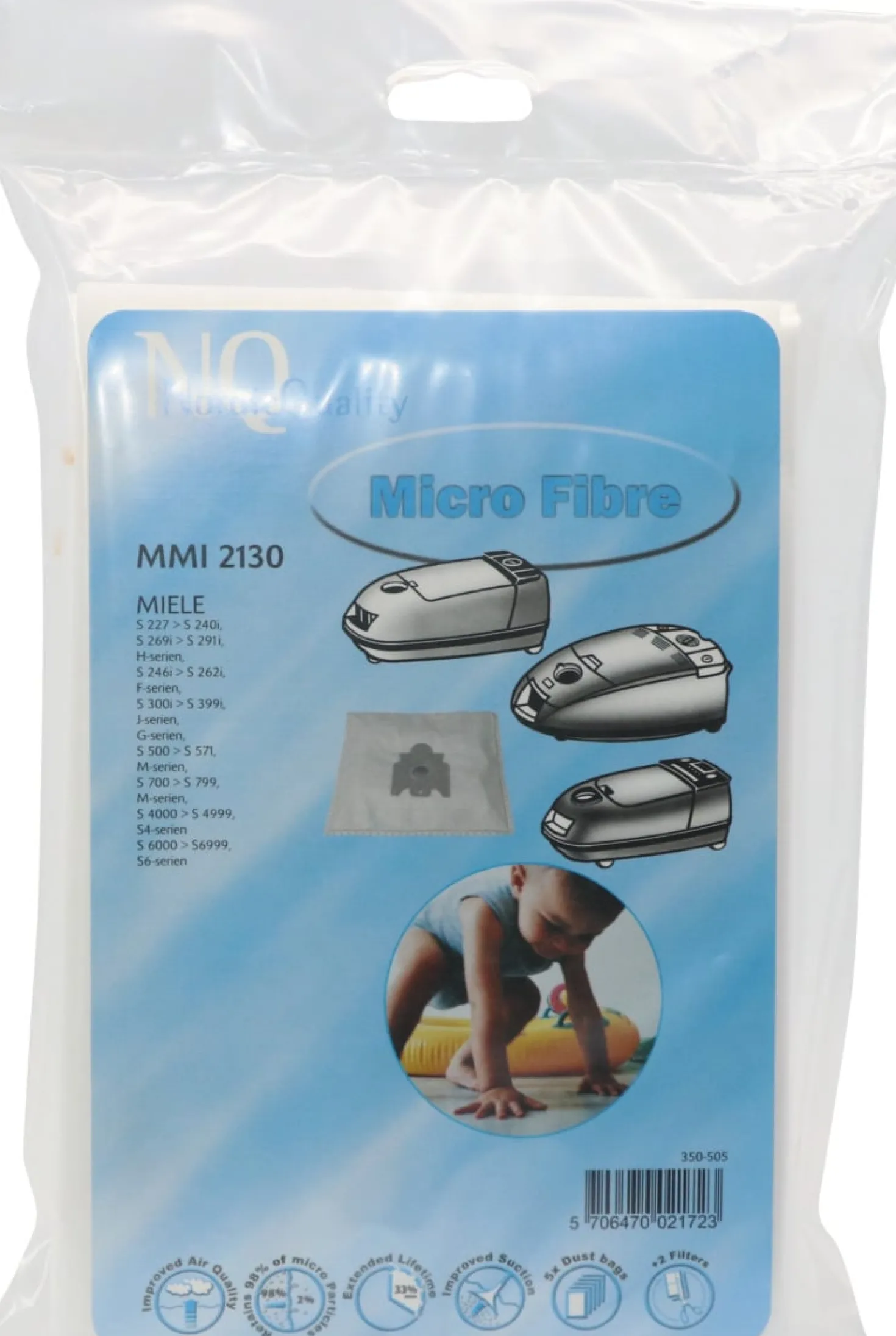 Dammsugarpåsar Nordicquality MMI 2130 för Miele, 5 påsar, 2 filter