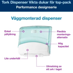Dispenser Industritork Tork W4 Top-Pack, väggmonterad, turkos och vit