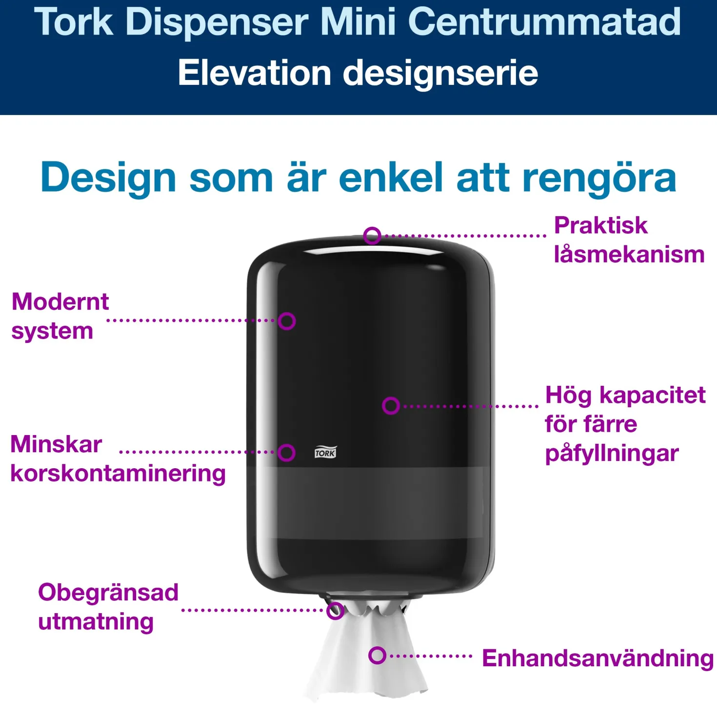 Dispenser Tork M2 för centrummatade torkrullar, svart, väggmonterad