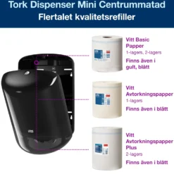 Dispenser Tork M2 för centrummatade torkrullar, svart, väggmonterad