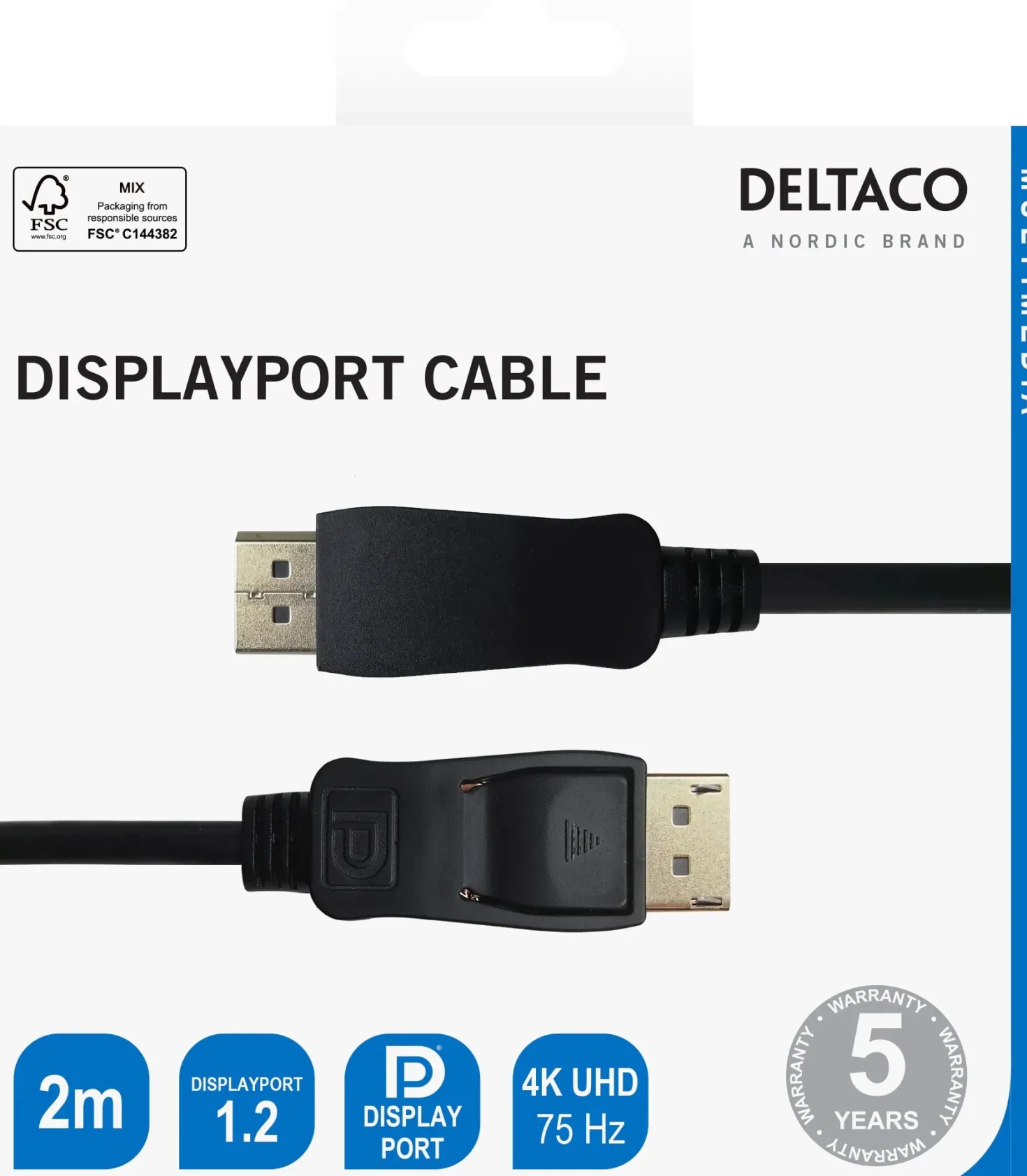 DisplayPort-kabel Deltaco, svart, 2m, 5K-stöd