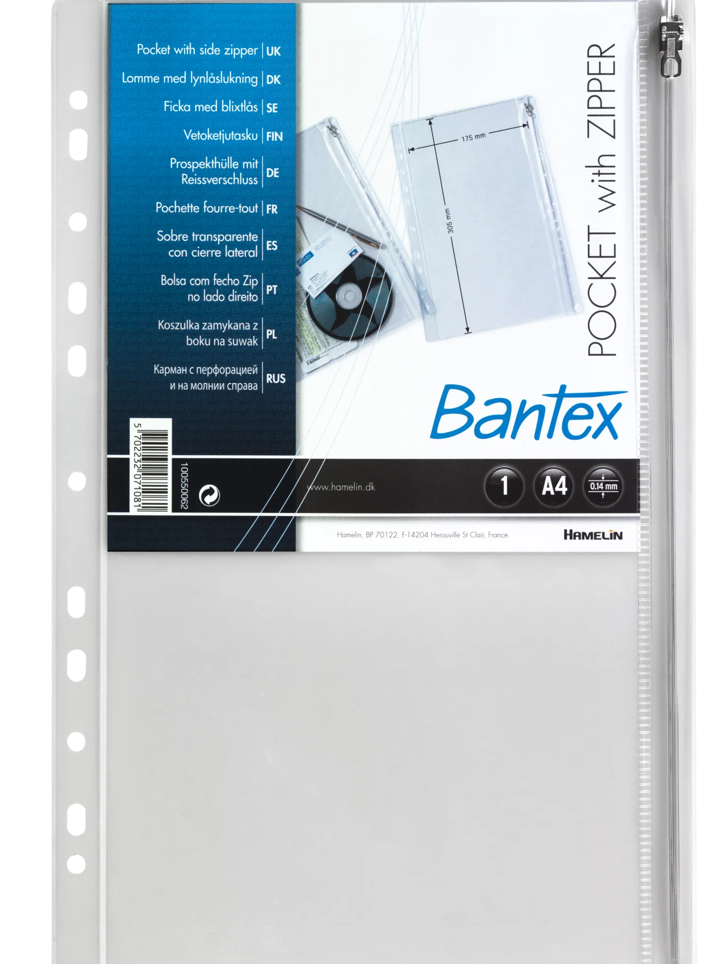 Dragkedjeficka Bantex A4, 0,14 mm PVC, universalhålning, 10 st