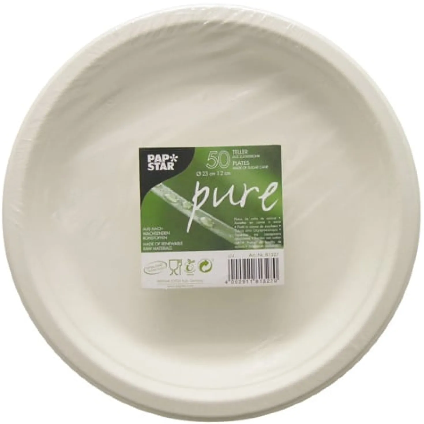 Engångstallrik Papstar Pure Flat, bagasse, vit, 23 cm, 50 st