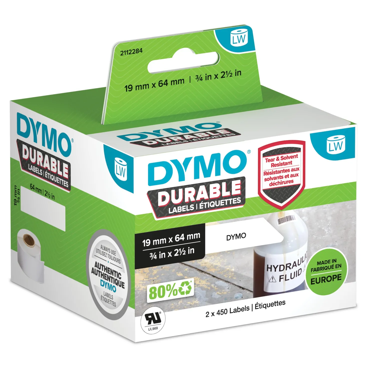 Etikett Dymo LW Durable Polypropylen, 19x64 mm, 450 st