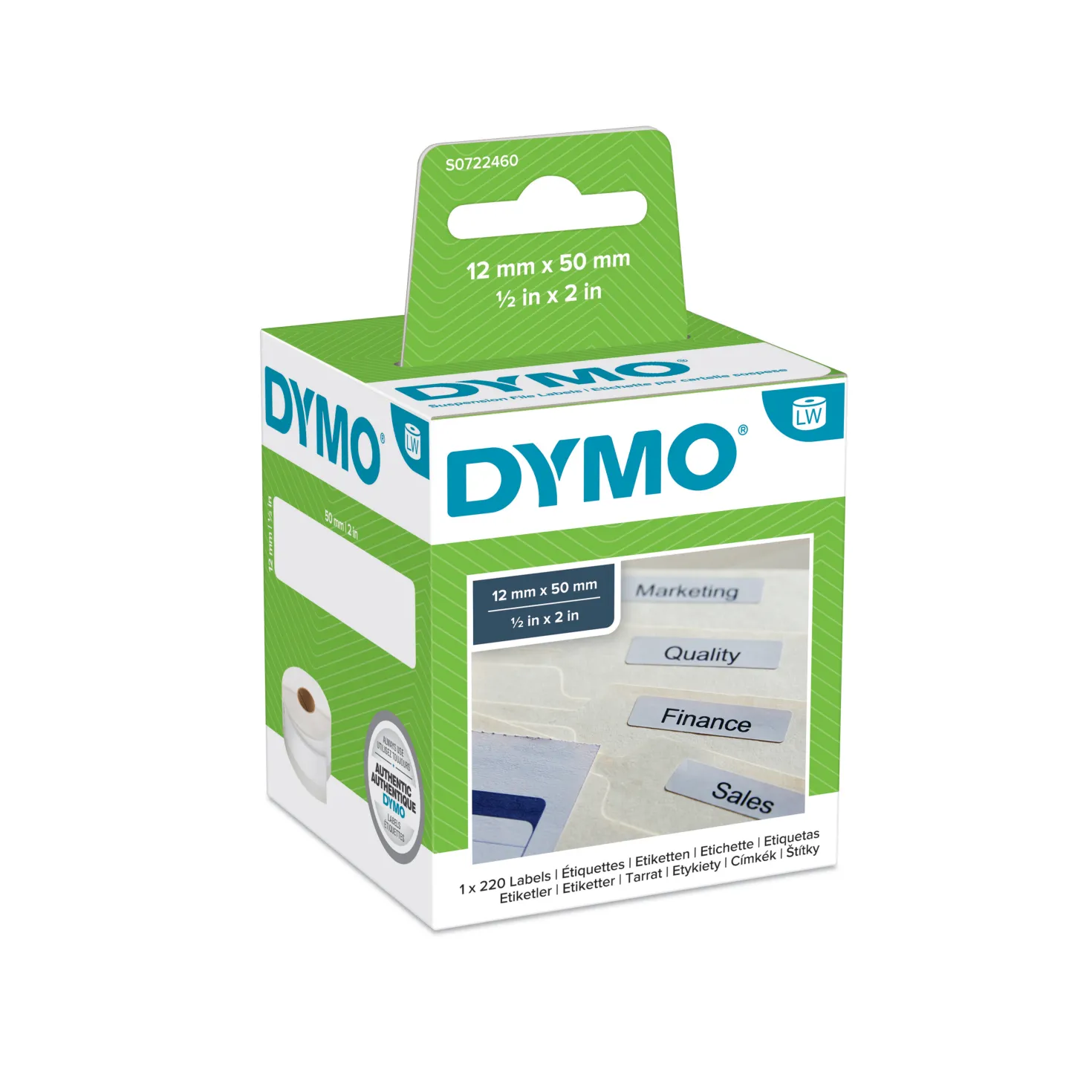 Etikett Dymo LW Pappersetikett för hängmappar, 12x50 mm, vit, 220 st