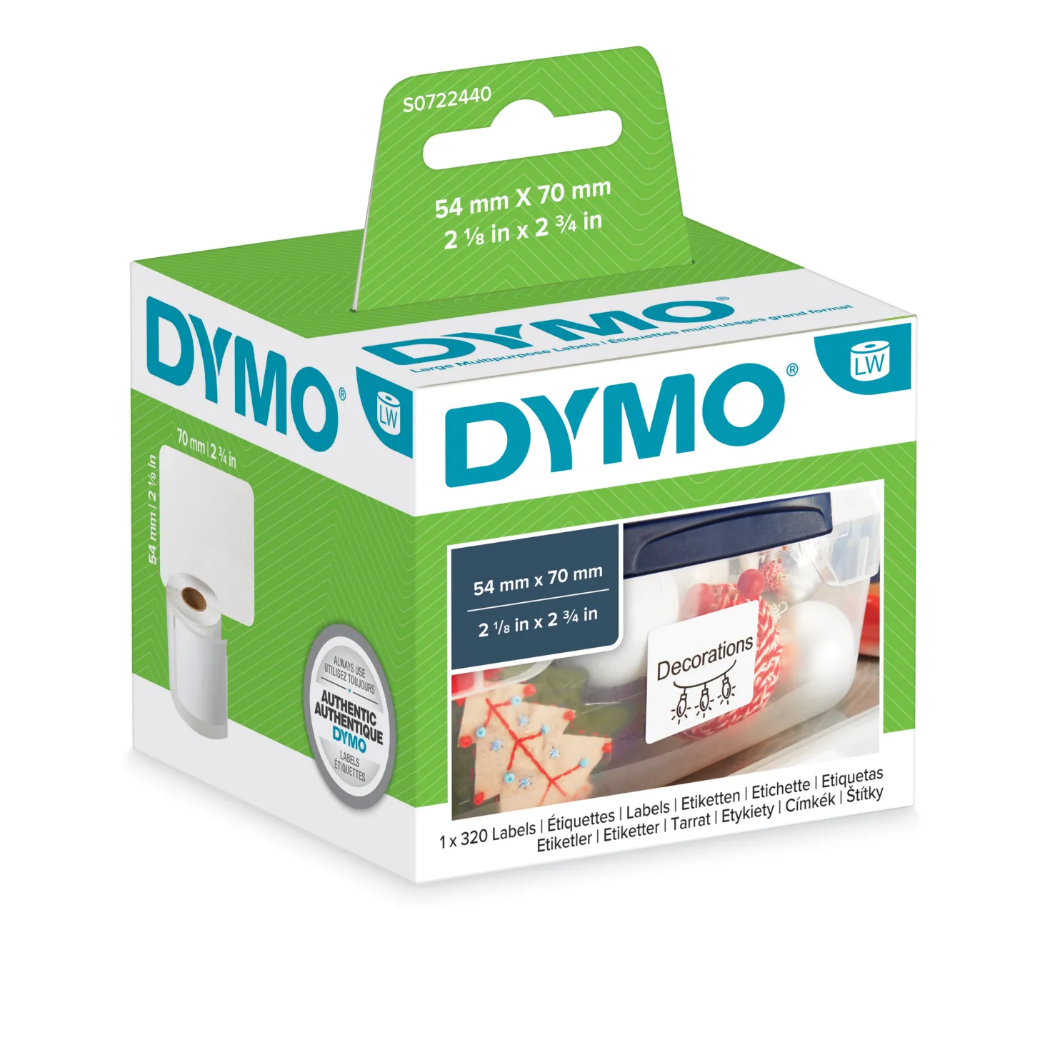 Etikett Dymo LW Papper Universaletikett, vit, 70x54 mm, 320 st