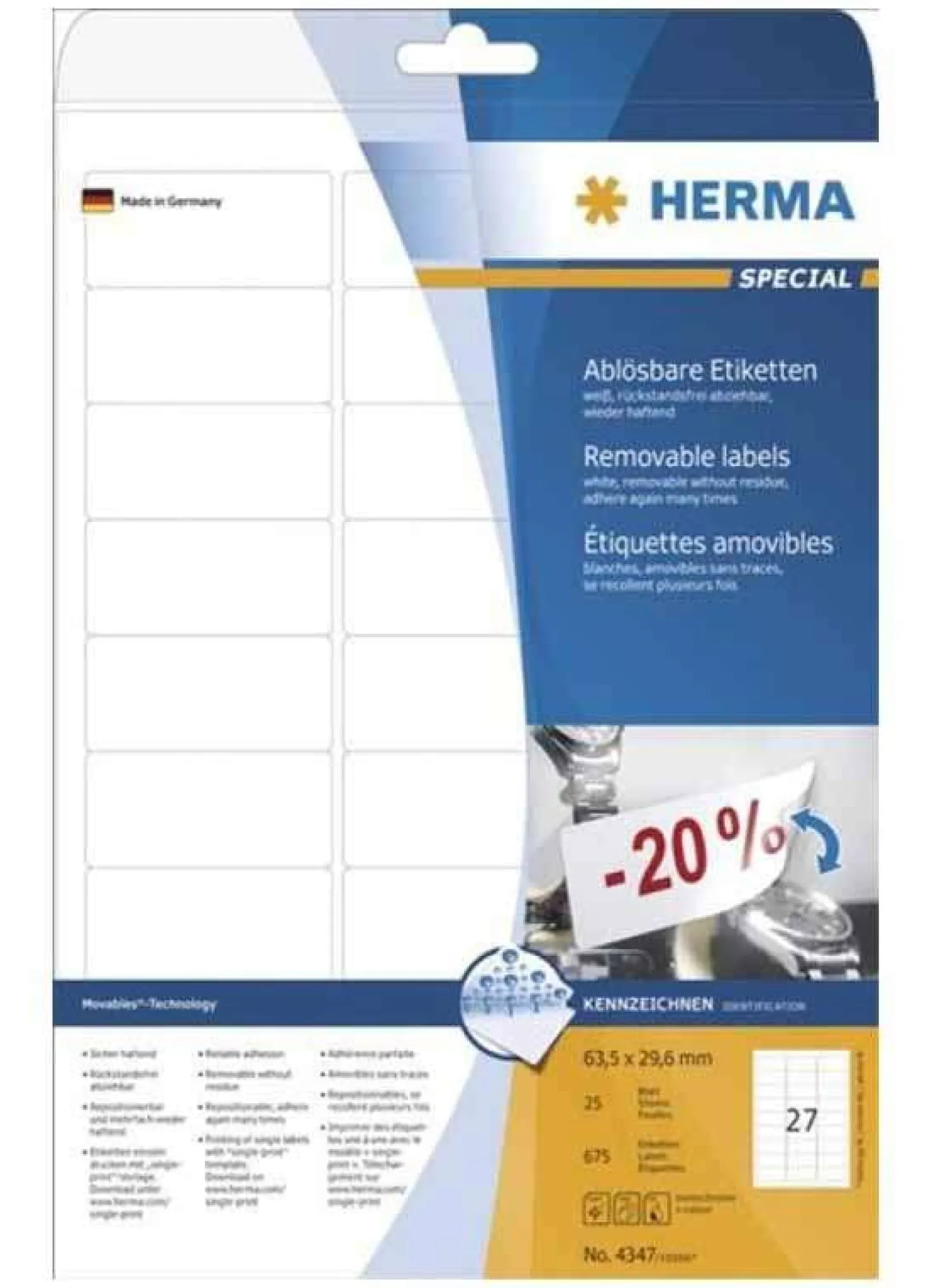 Etikett Herma 4347 Avtagbar, 63,5x29,6mm, vit matt, 675 st