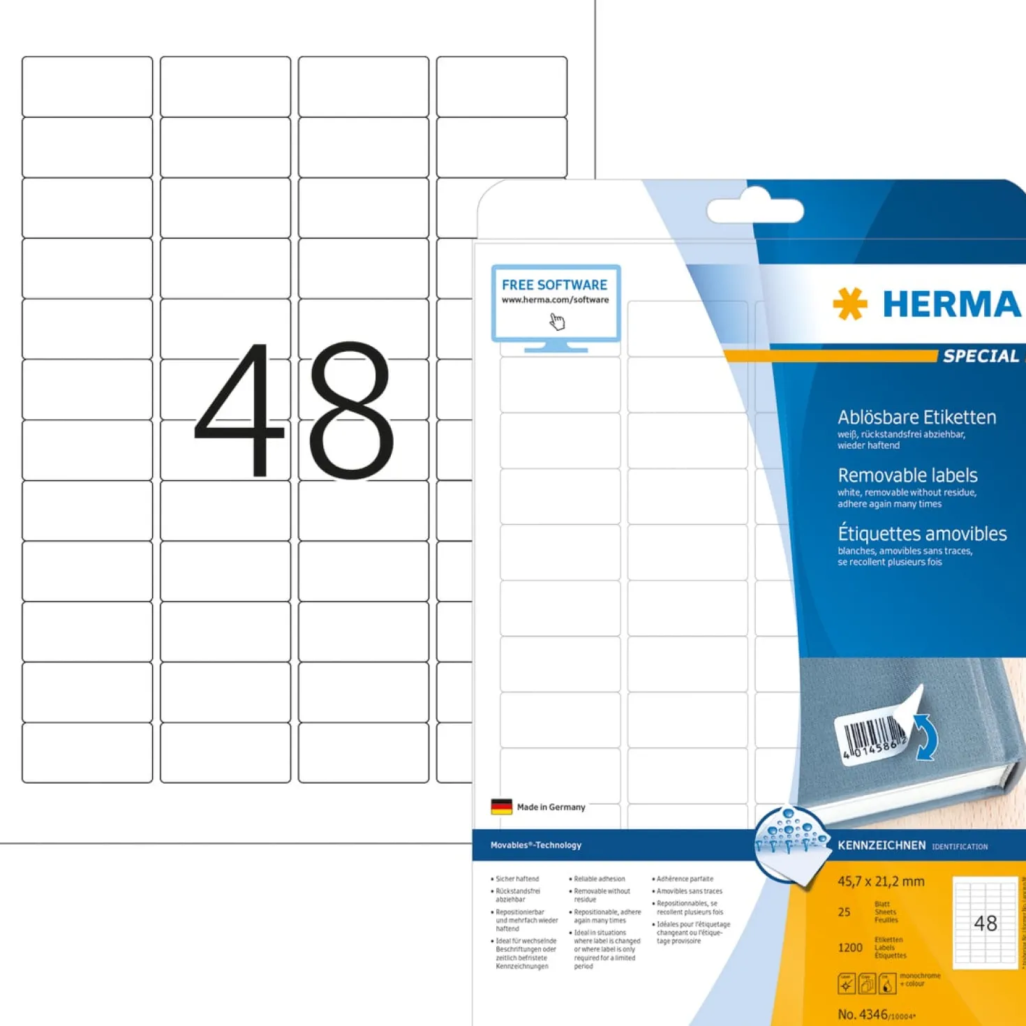Etikett Herma Special avtagbar, 45,7x21,2 mm, 1200 st