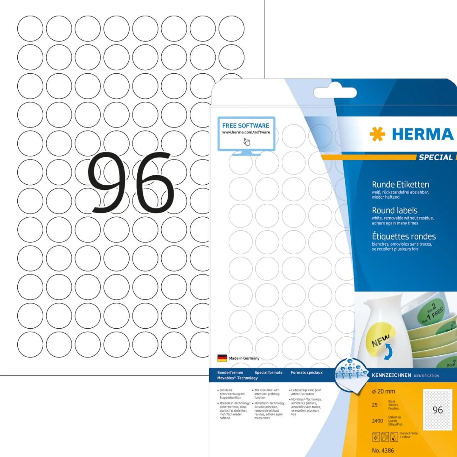 Etikett Herma Special Avtagbar, rund Ø20mm, vit, 2400 st