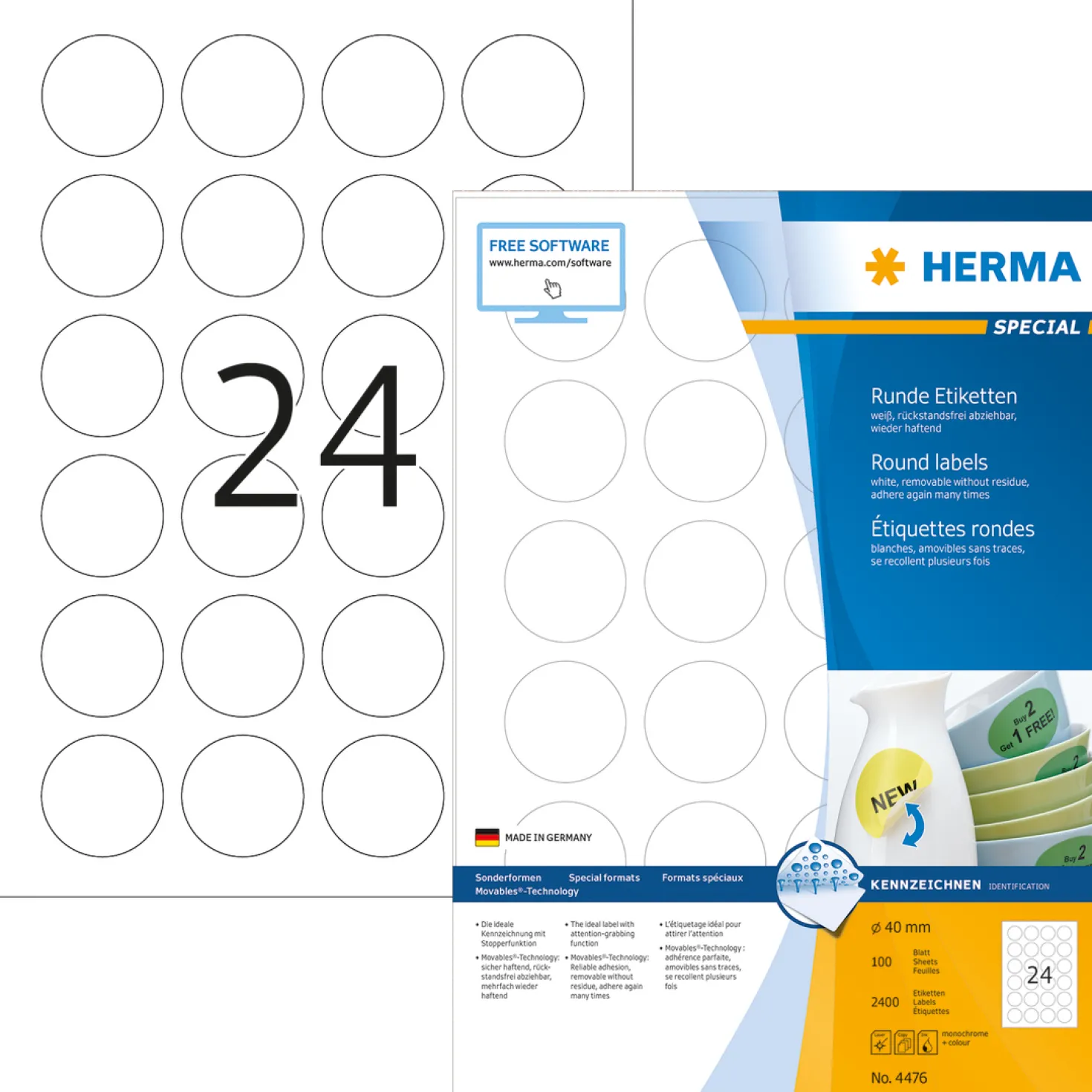 Etikett Herma Special avtagbar rund, Ø 40mm, 2400 st