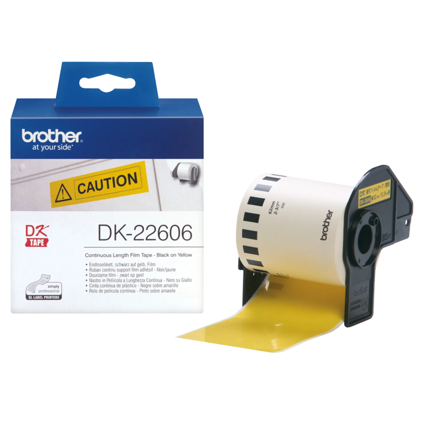 Etikettrulle Brother DK-22606, gul plastfilm, 62 mm x 15,24 m