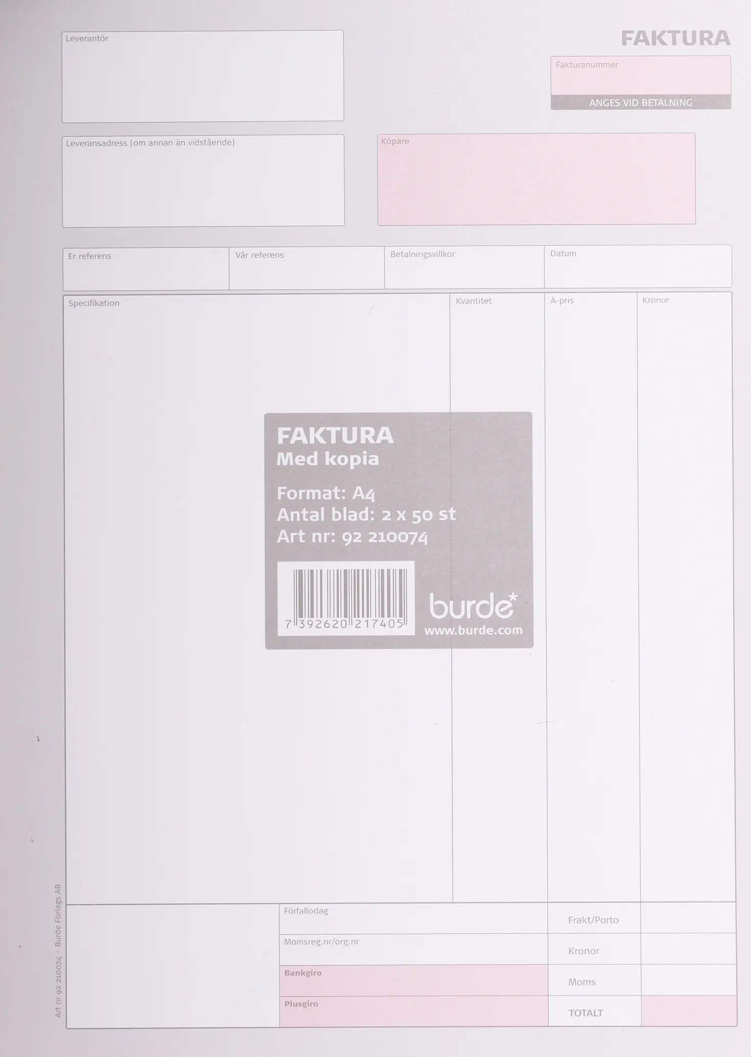 Fakturablankett Burde A4 2x50, självkopierande, 5 block