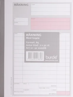 Faktureringsblankett Burde Räkning A5, karbonkopia, 2x50 blad