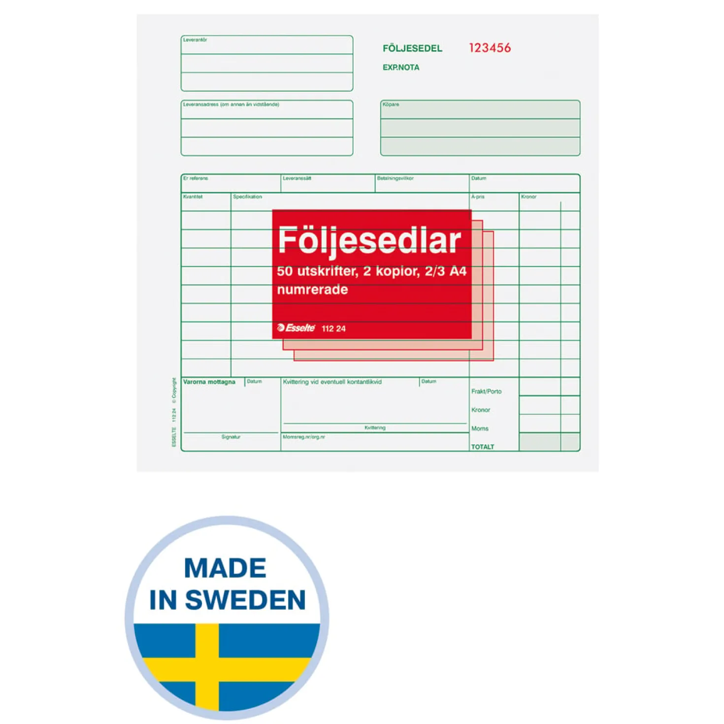 Följesedel Esselte Blankett 2/3 A4, självkopierande, 3x50 blad