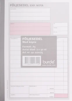 Följesedelsblock Burde A5 2x50, karbonpapper, 5 block