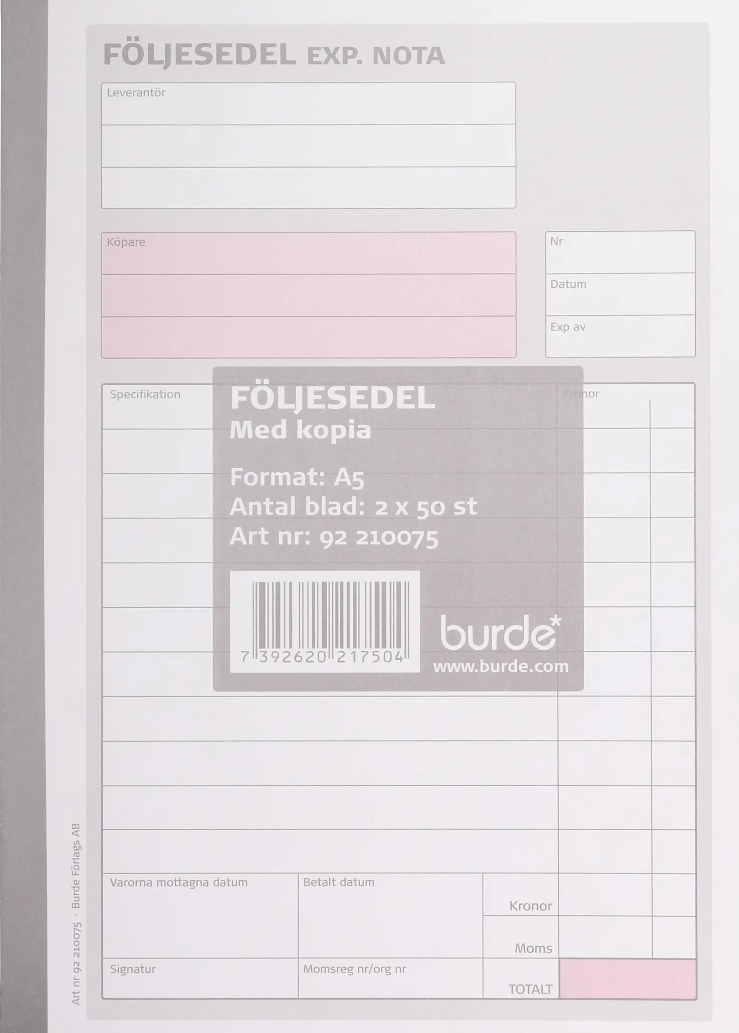 Följesedelsblock Burde A5 2x50, karbonpapper, 5 block