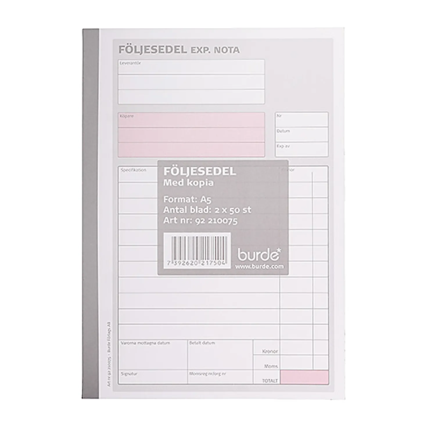 Följesedelsblock Burde A5 2x50, karbonpapper, 5 block