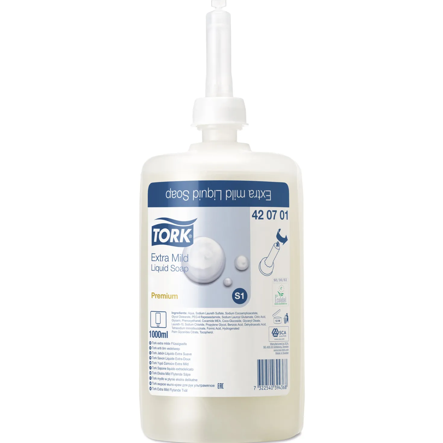 Flytande tvål Tork Premium Extra Mild S1, parfymfri, 1L