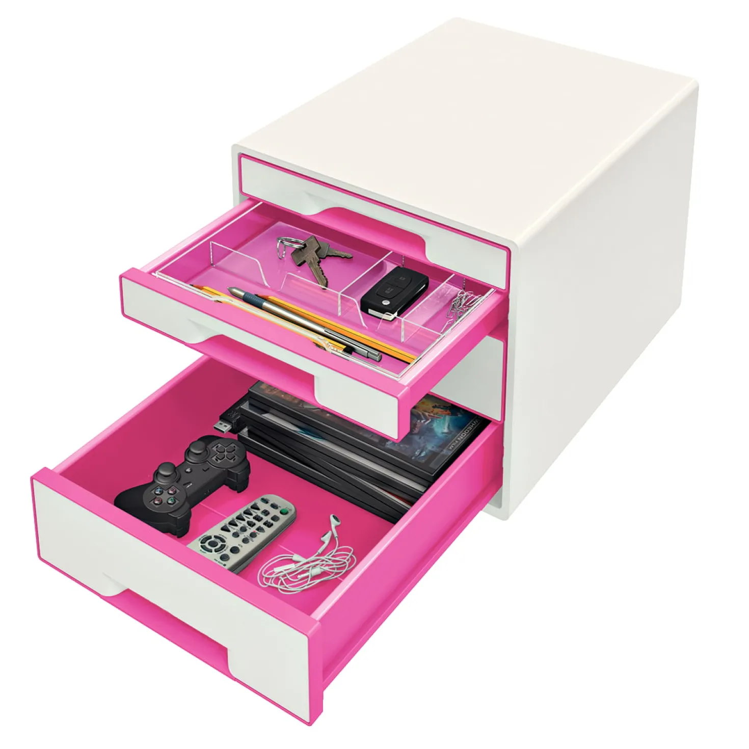 Förvaringsbox Leitz WOW, 4 lådor, vit och rosa