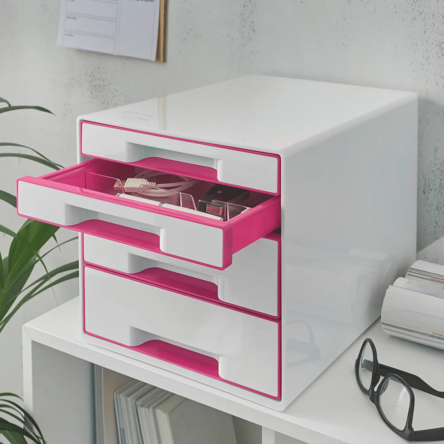 Förvaringsbox Leitz WOW, 4 lådor, vit och rosa