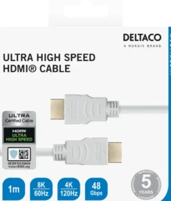 HDMI-kabel Deltaco Ultra High Speed 48Gbps, 1m, vit