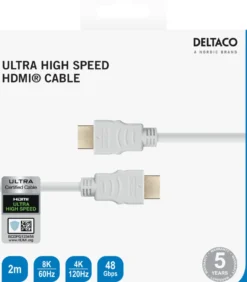 HDMI-kabel Deltaco Ultra High Speed 48Gbps, 2m, vit