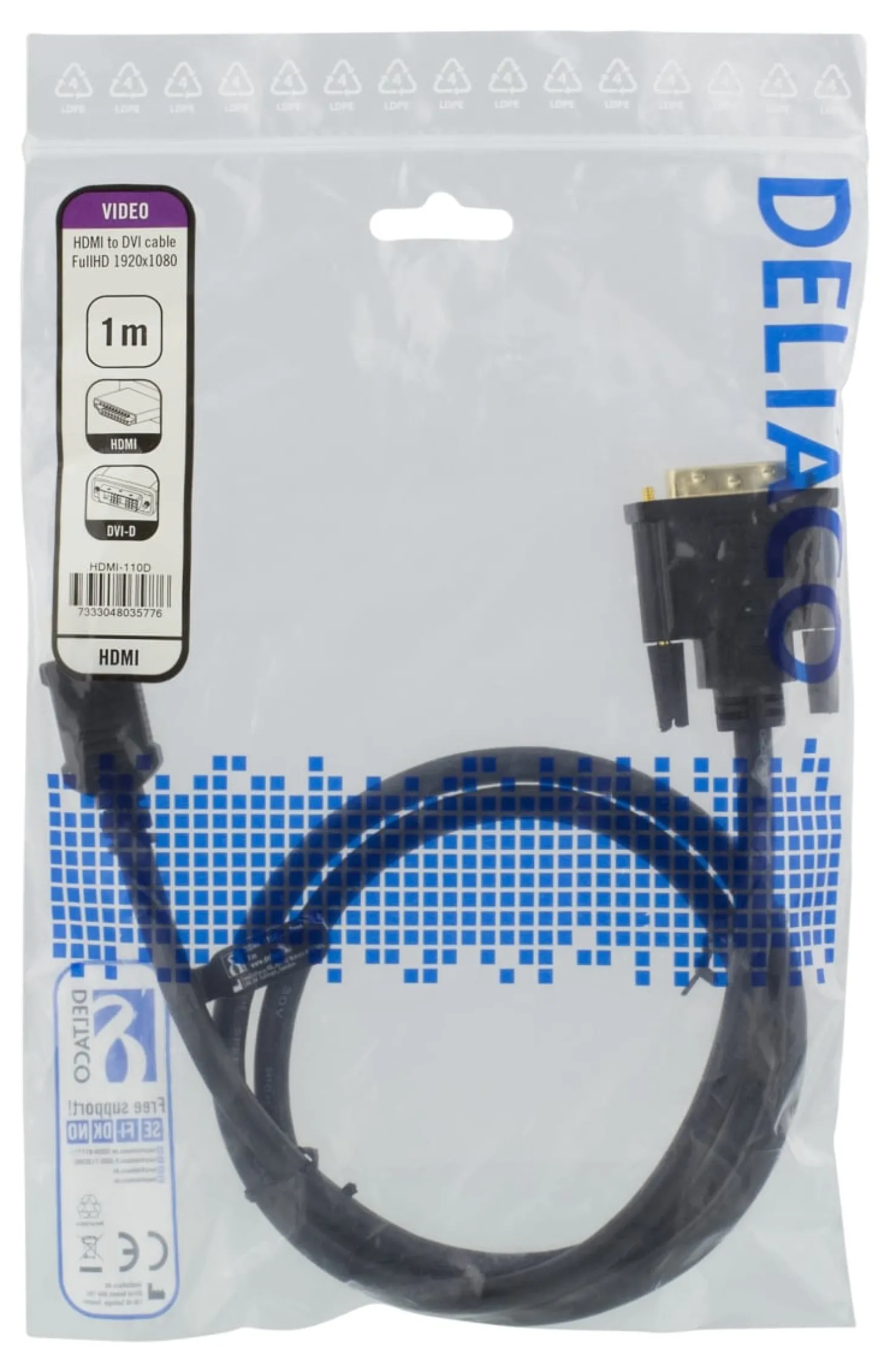 HDMI till DVI-kabel Deltaco, 1m, Full HD, svart