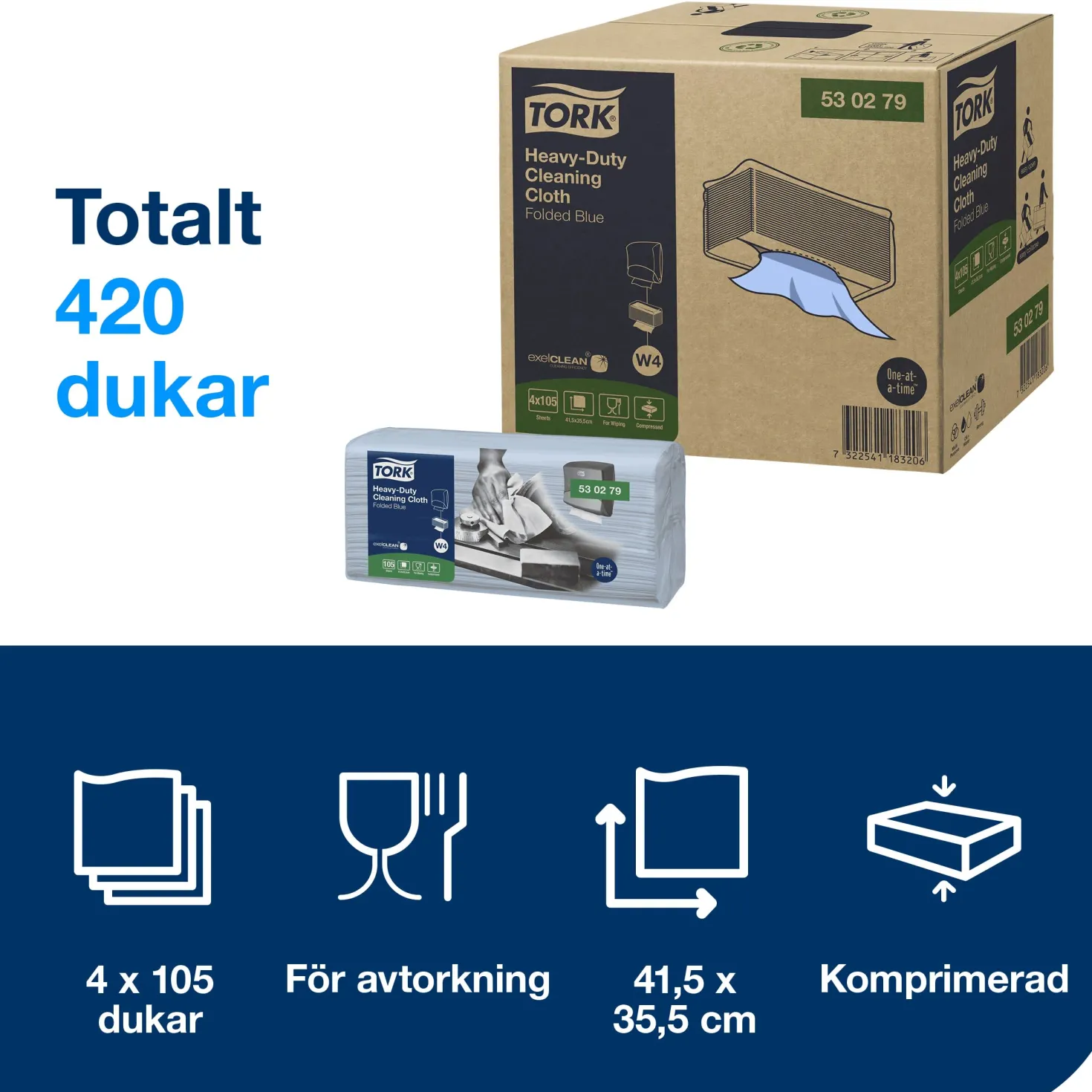 Industritorkduk Tork W4 Top Pak, blå, 35,5x41,5cm, 105 st