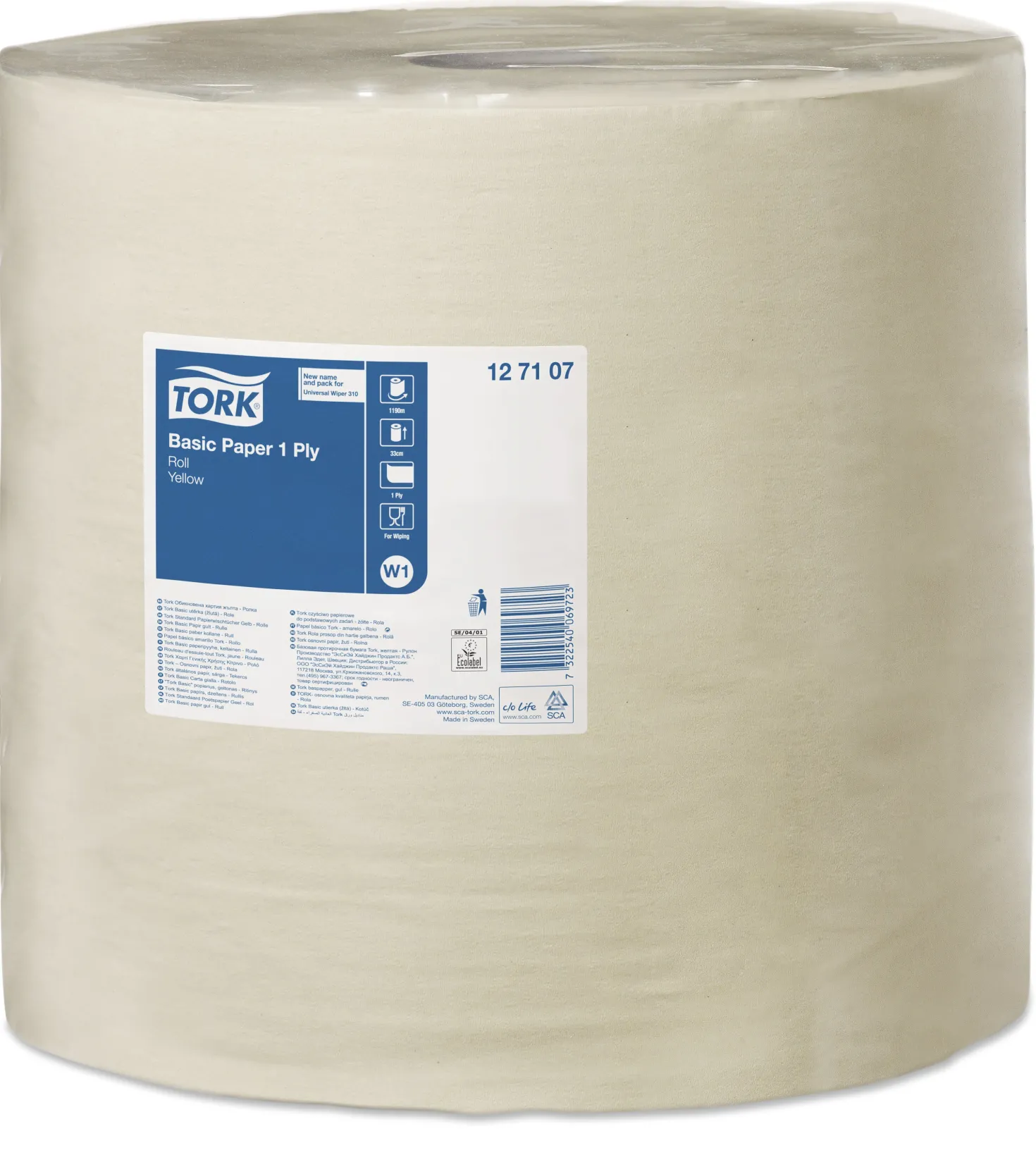 Industritorkpapper Tork W1 Basic, gul, 1-lagers, 33cm x 1190m