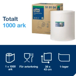 Industritorkpapper Tork W1 Nonwoven Perforerad, vit, 1000 ark, 380m