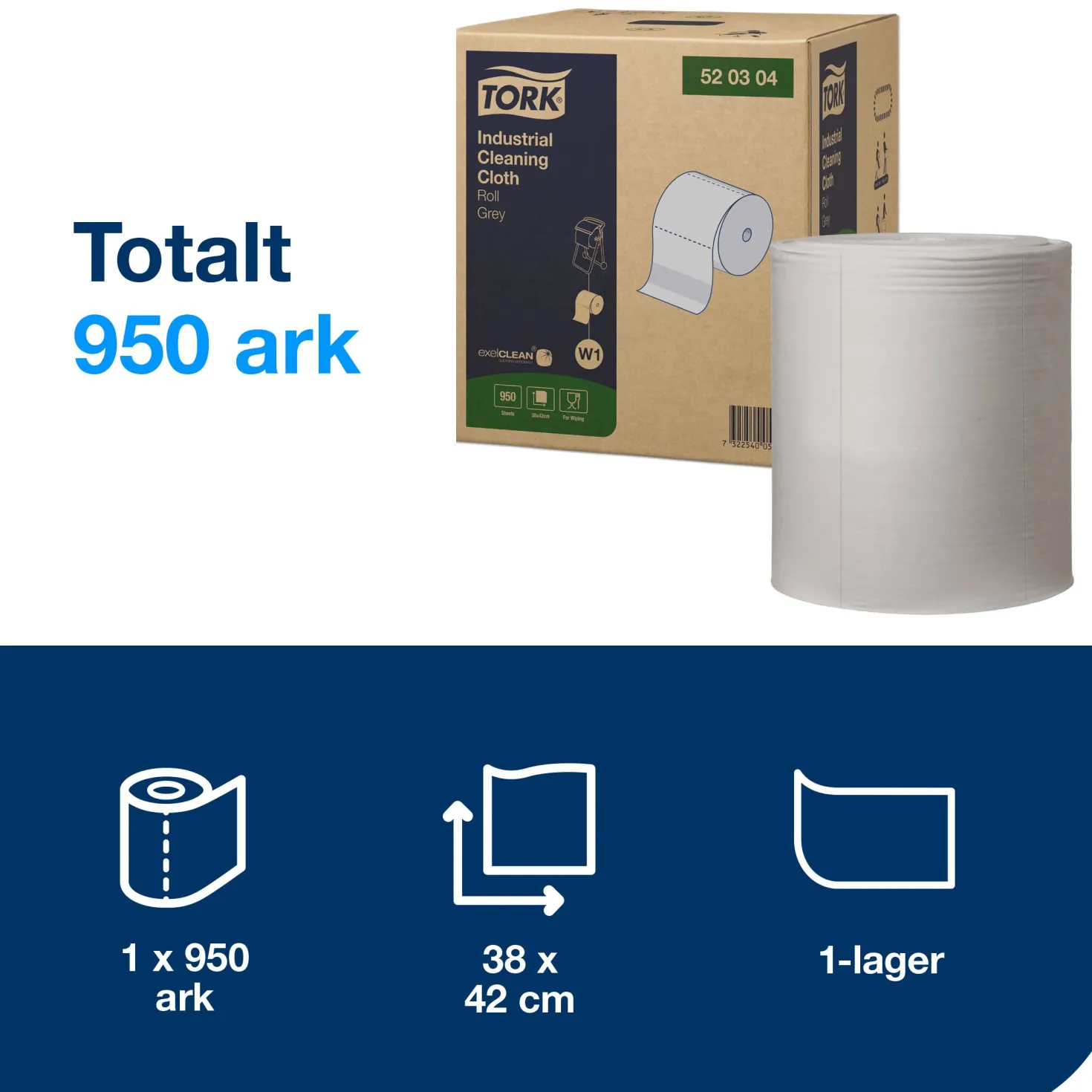 Industritorkpapper Tork W1 Rengöringsduk Nonwoven, 950 ark, 361m