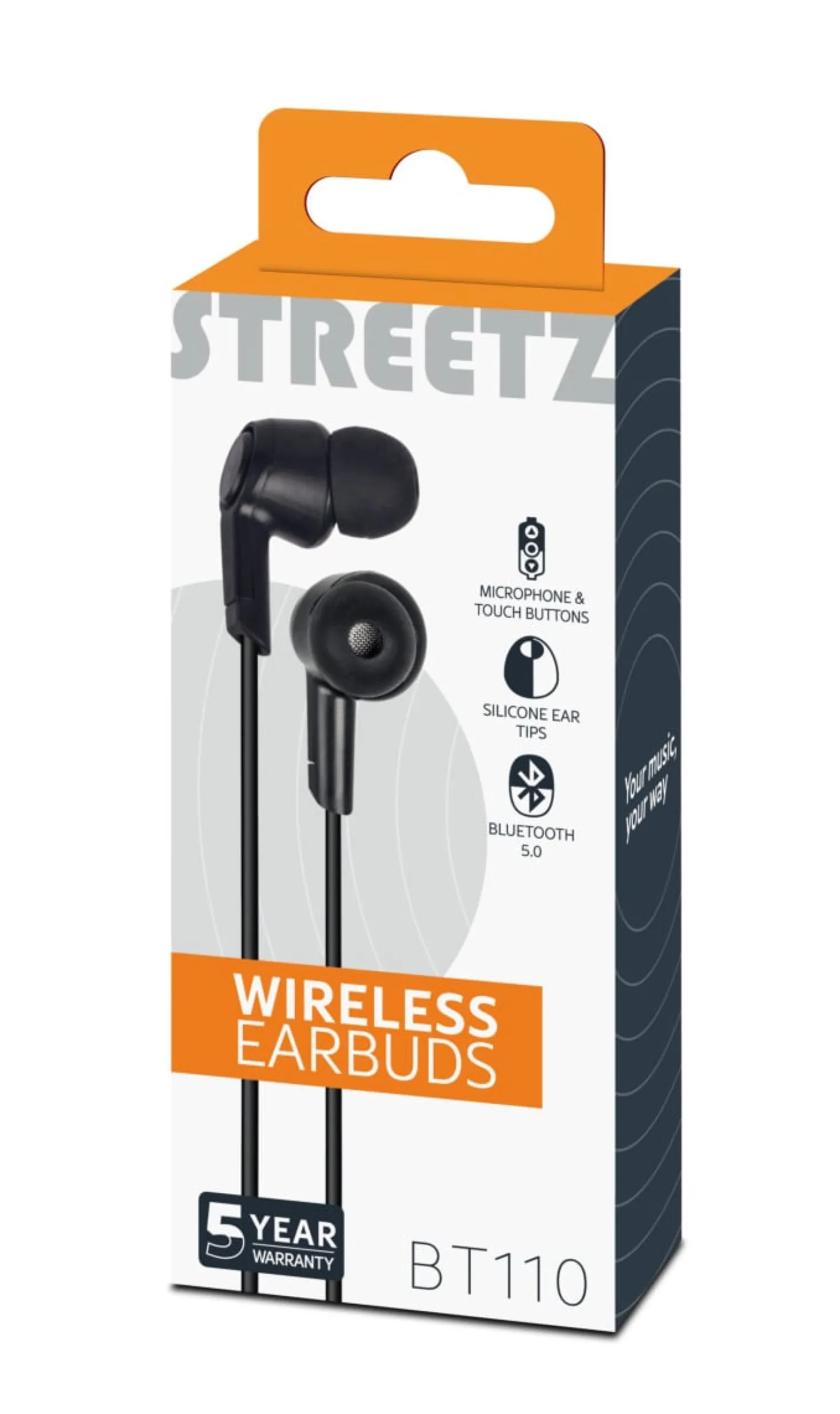 In-ear hörlurar Streetz BT110 Bluetooth 5, mikrofon, svart