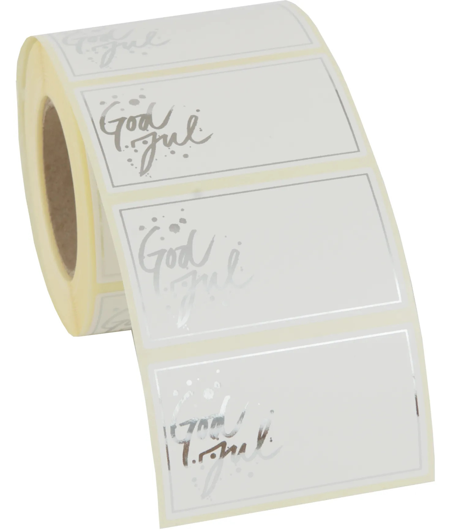 Juletikett God Jul Vit med silvertext, 60x35 mm, 500 st/rulle