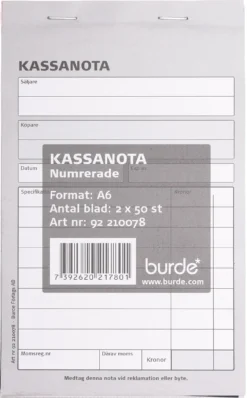 Kassanotor Burde A6, 50 numrerade kvitton, dubbla exemplar