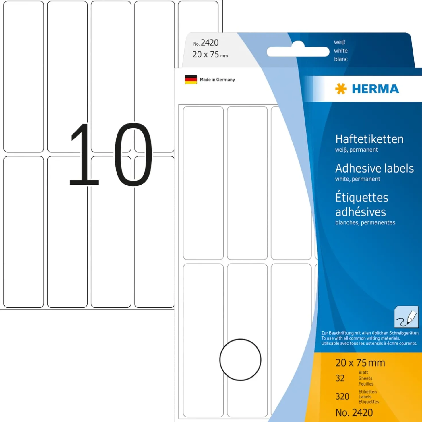 Klisteretiketter Herma Märk, vita, 20x75 mm, 320 st