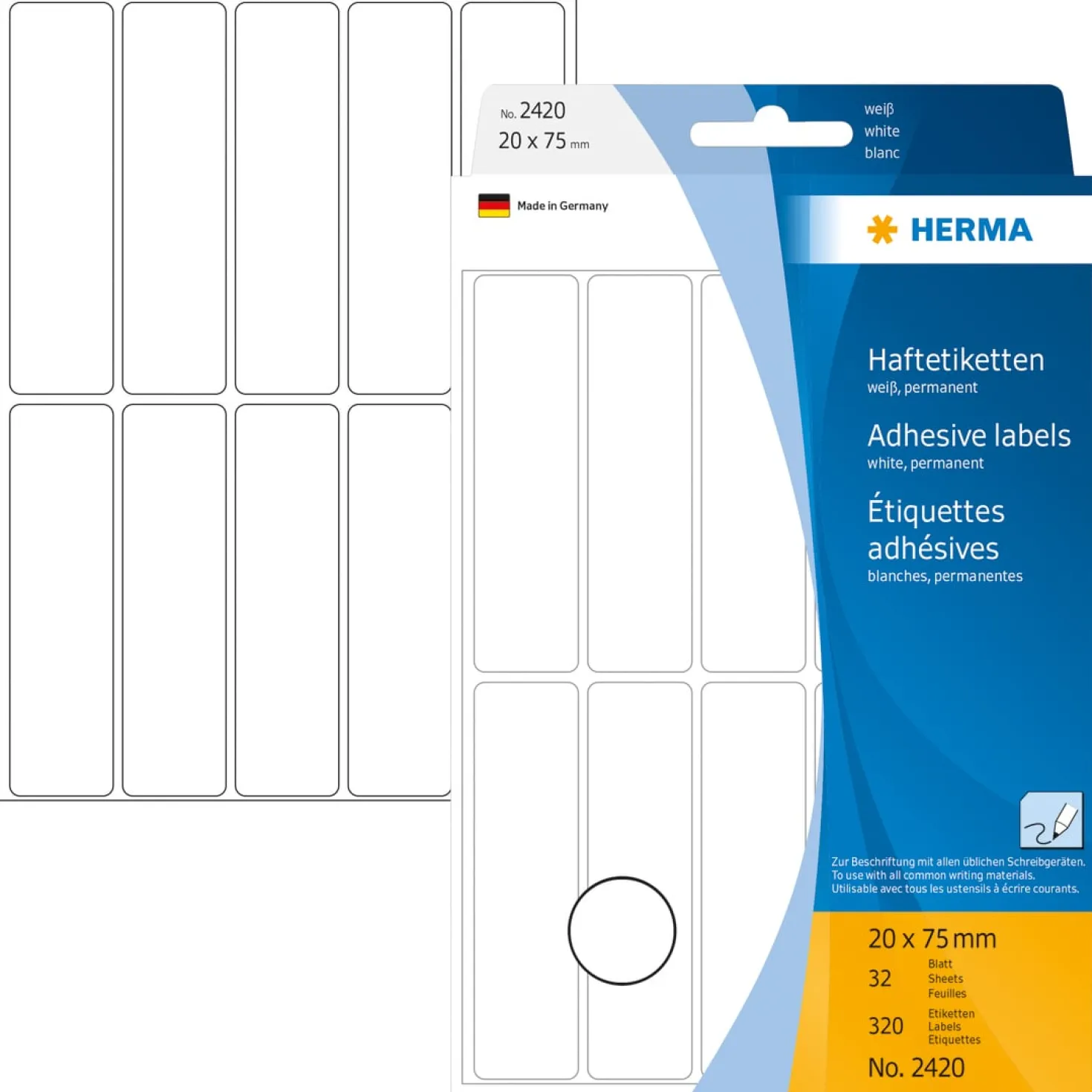 Klisteretiketter Herma Märk, vita, 20x75 mm, 320 st