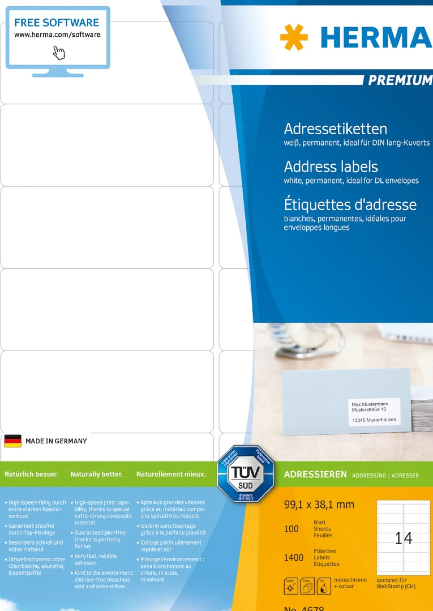 Klisteretiketter Herma Premium 99,1x38,1 mm, 1400 st