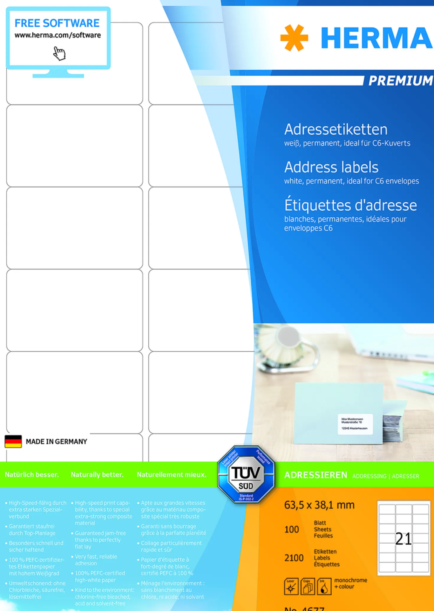 Klisteretiketter Herma Premium 63,5x38,1 mm, vit, 2100 st