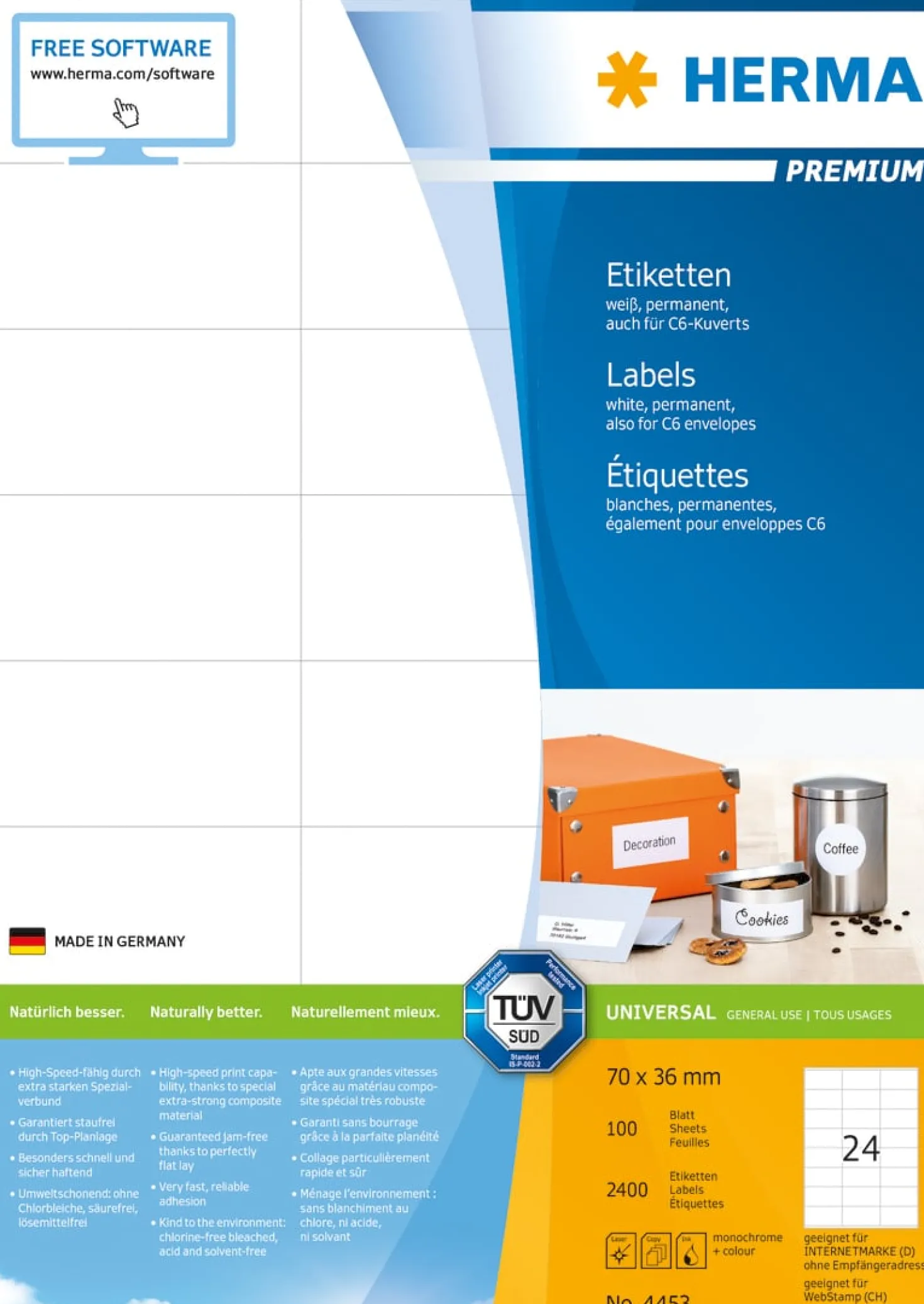 Klisteretiketter Herma Premium, 70 x 36 mm, 2400 st
