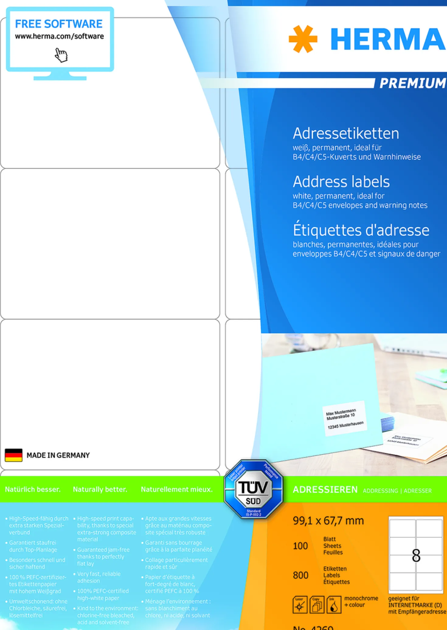 Klisteretiketter Herma Premium 99,1 x 67,7 mm, vita, 800 st