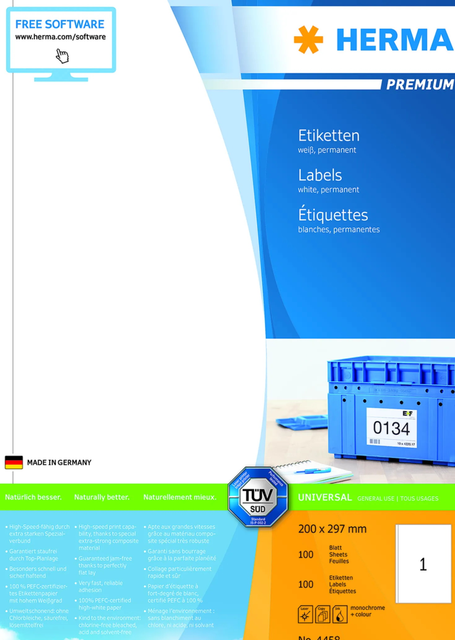 Klisteretiketter Herma Premium 4458, 200 x 297 mm, 100 ark