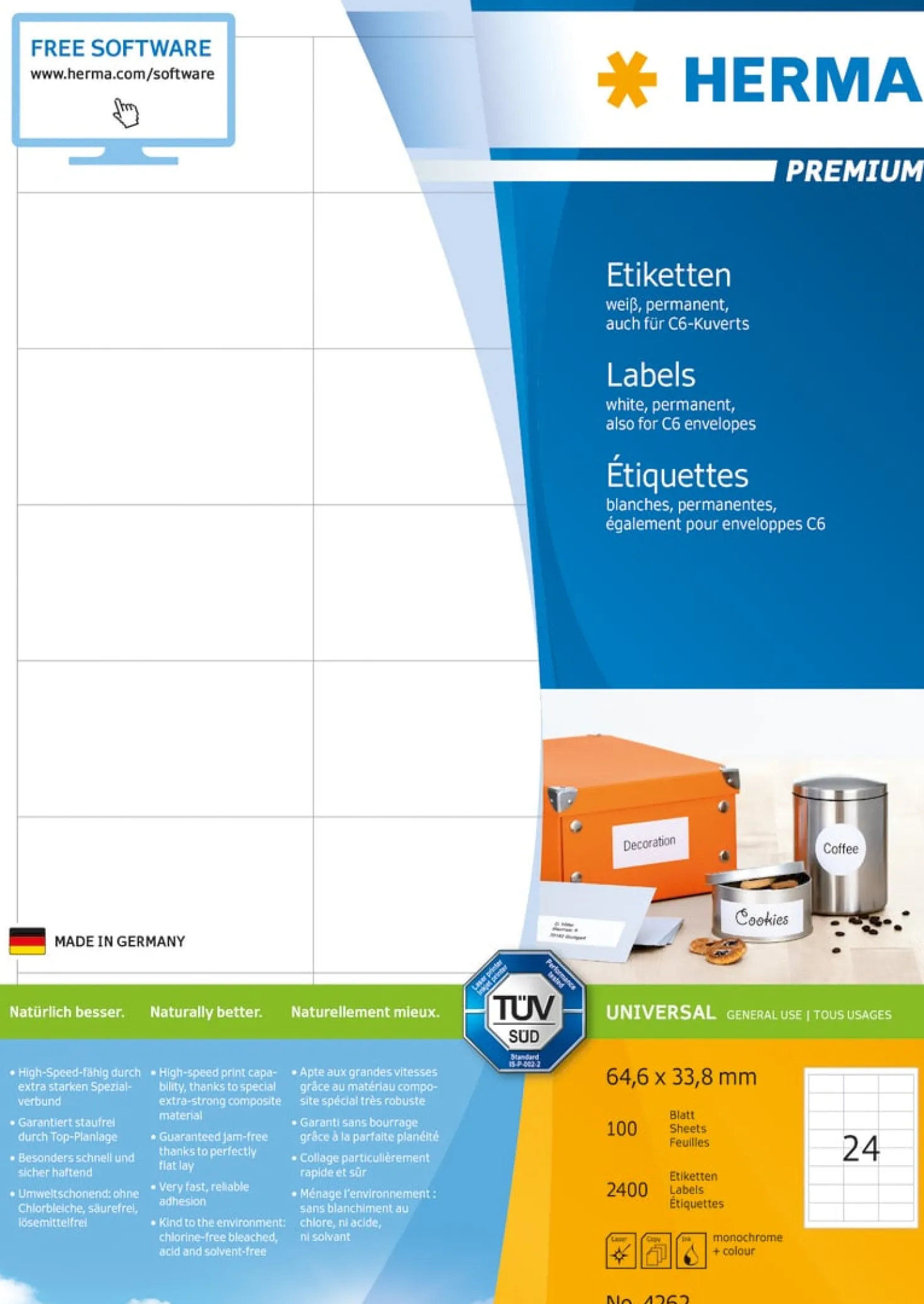 Klisteretiketter Herma Premium 4262, 64,6x33,8mm, 2400 st