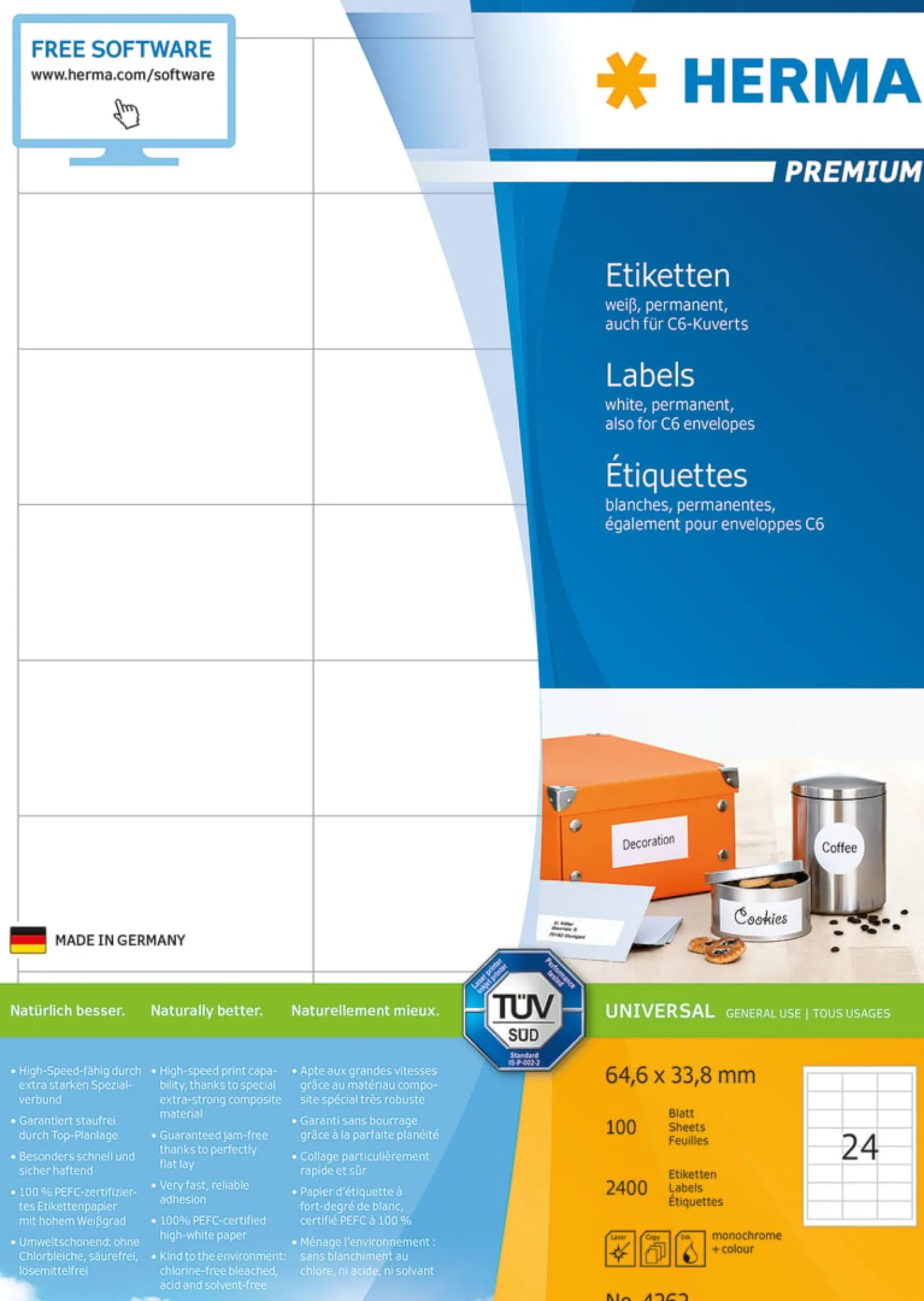 Klisteretiketter Herma Premium 4262, 64,6x33,8mm, 2400 st